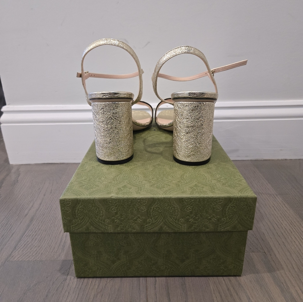 $920 Gucci Marmont GG Metallic Gold Leather Block Heel  Sandals EU 41.5 US 11.5 - Picture 10 of 12